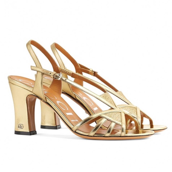 Gucci GG Gold Metallic Leather Cross Over Strap Slingback Sandals High Heels - Picture 1 of 12